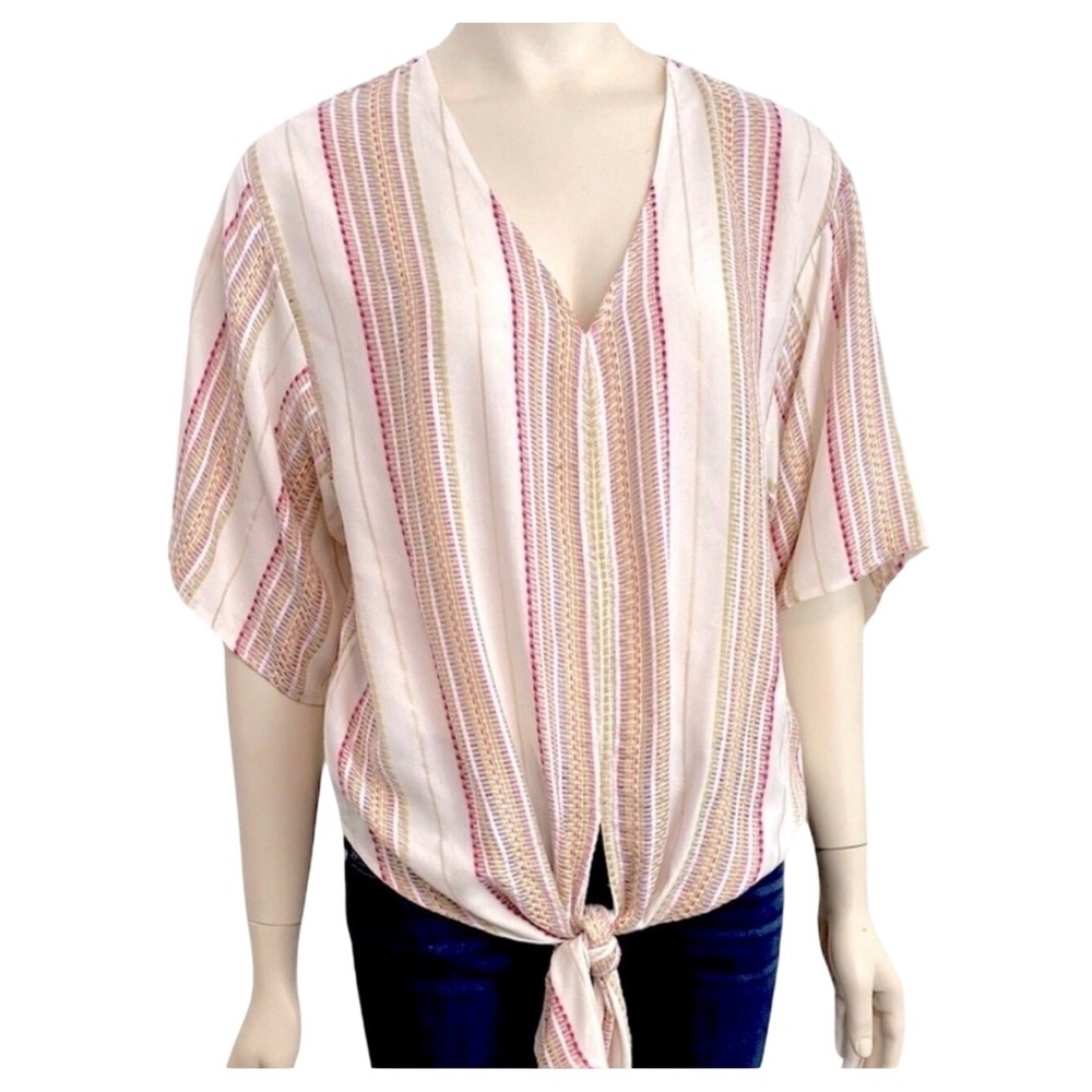 Lovestitch Medium Short Sleeve Top V Neck Tie Waist White Pink Gold Stripes